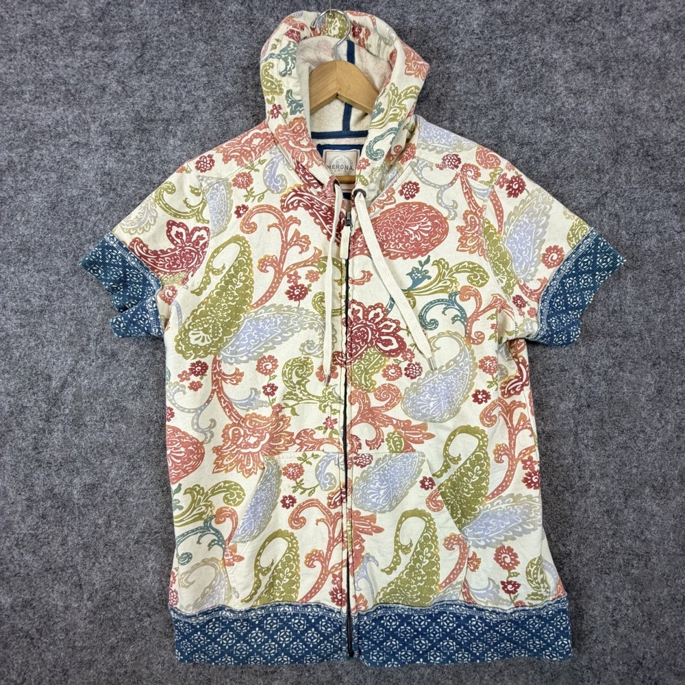 Boho Short Sleeve Hoodie Womens XL Paisley Floral Full Zip Colorful Outdoor